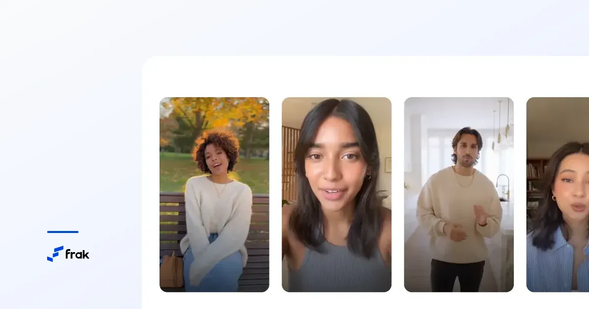 Four creator videos side by side on a white surface, each showing a person speaking to camera at home or outdoors.